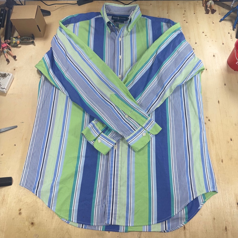 Polo Ralph Lauren Blake Mens M Blue Green Striped Cotton Button Down Shirt